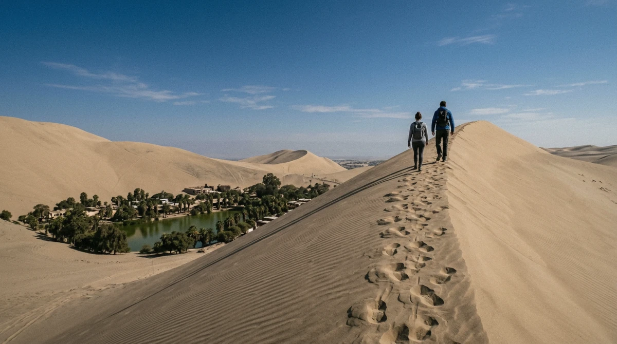 Two travelers climbing the loose sand of a Huacachina dune on foot, showing how much time you need in Huacachina beyond the buggy ride
