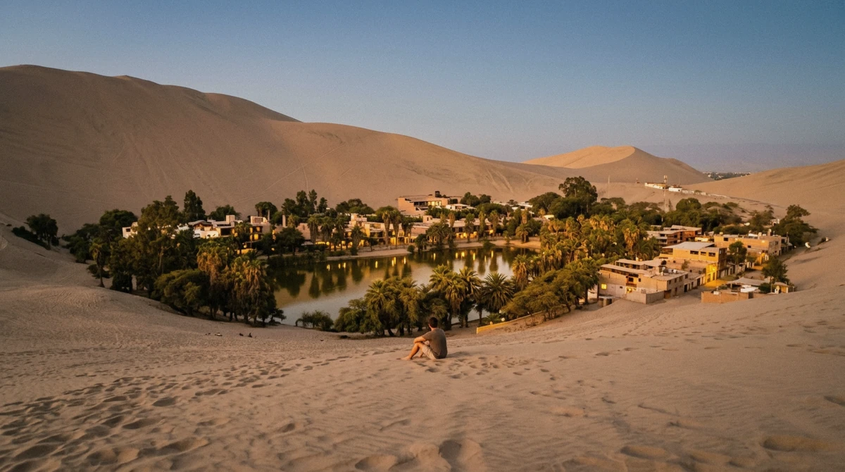 Hostel terraces along the Huacachina lagoon at dusk, the oasis where to stay Huacachina or Ica question answered by distance