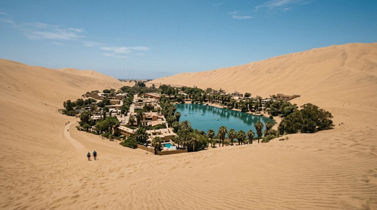 The Huacachina lagoon ringed by palm trees and desert dunes, the view every is Huacachina worth it question is really about