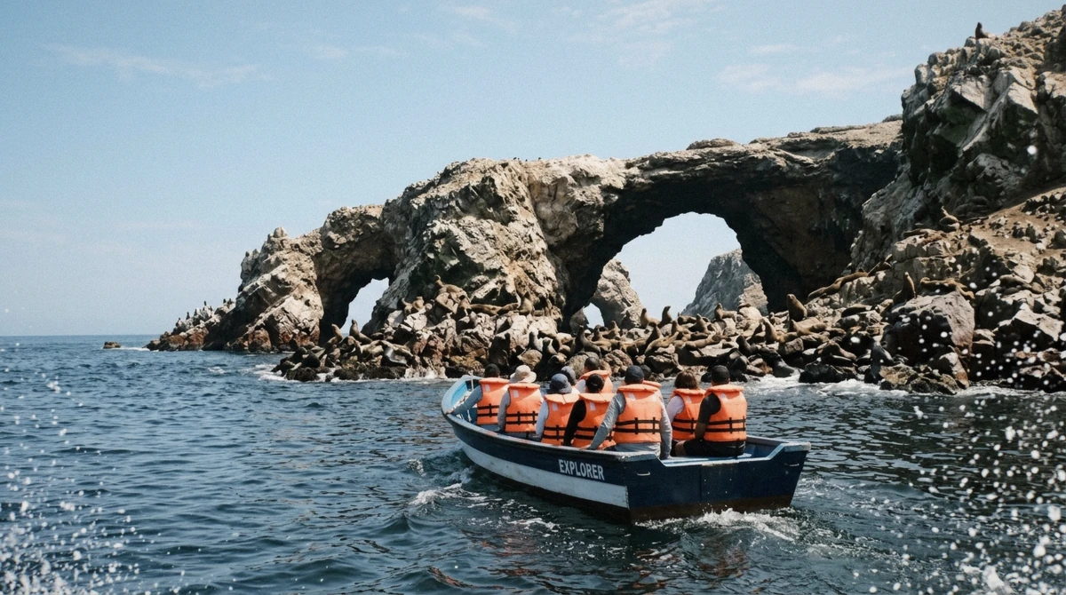 A tourist boat near the Ballestas Islands off Paracas, the coastal half of the Paracas or Huacachina choice from Lima